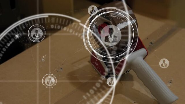 Tape dispenser resting on box, HUD overlay appearing over it on scan and showing logistics network