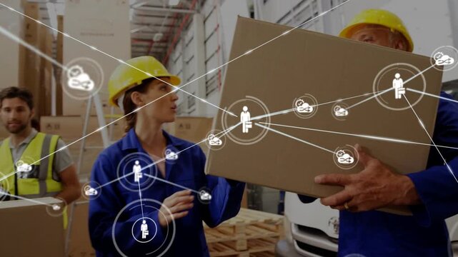 Vertical video: Clerk noting, worker scanning barcode at dock, overlay linking team for shipping