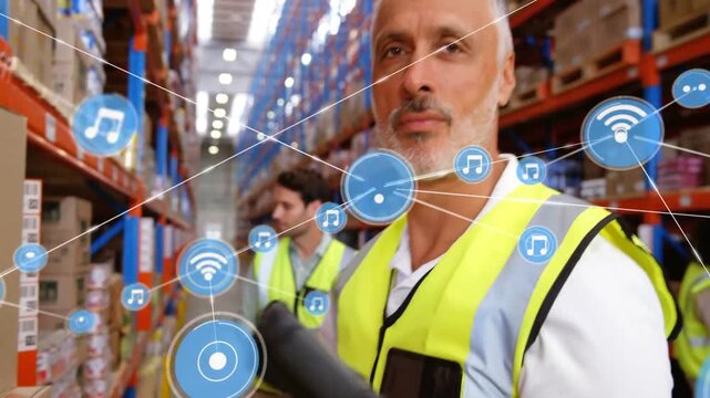 Vertical video: Senior warehouse picker reaching shelf, using scanner powering nodes for orders