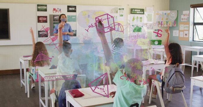 Students raising hands, teacher pointing, math overlays appearing then fading, restoring view