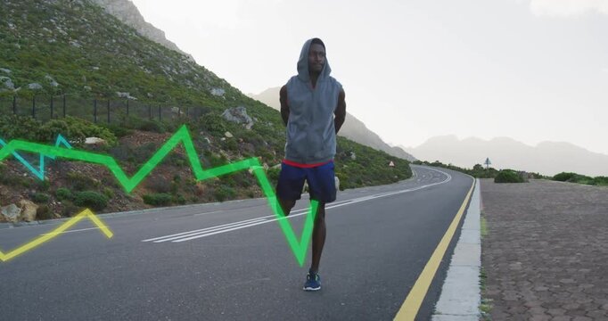 Male runner starting single-leg hops on road, colored lines sliding in crossing him showing fitness