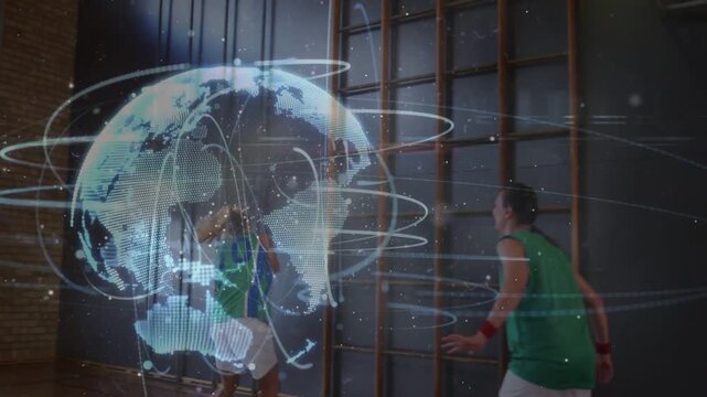 3 players practicing sports under hoop, globe superimposing as shooter securing ball, aiming score