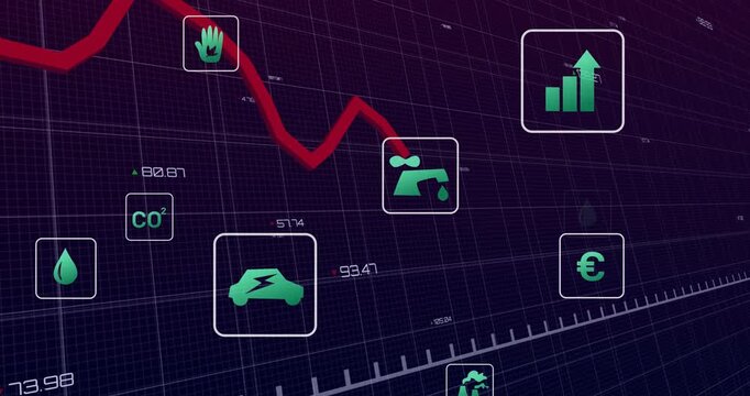 Red zigzag line starting left and moving right, framing CO2 and EV icons, tracking climate finance