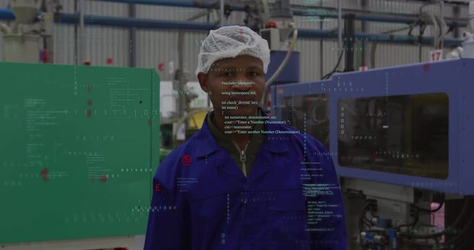 Plant operator standing, frames rolling, code overlay scanning torso and blue machine, showing KPIs