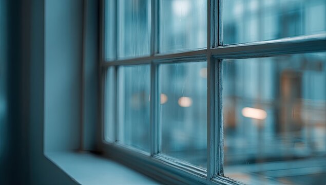 Window Pane View of City Lights at Dusk.