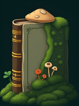 Solid vector icons of overgrown literary archives: mushroom-ringed tome, moss mat lining, spore-dusted volume; bracket plate,