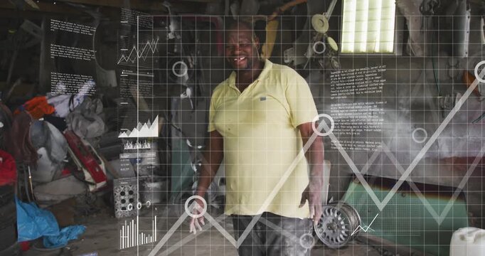 Mechanic responding to HUD appearing in garage, gesturing while graphs growing, showing diagnostics