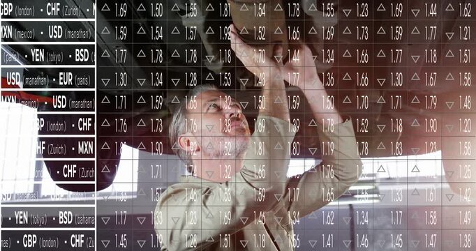 Reaching man in khaki jacket and cap searching overhead, grasping bag on train with currency table
