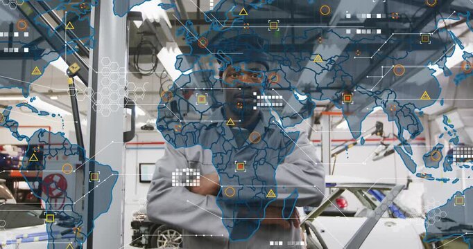 Technician reacting to map overlay fading in garage, crossing arms signaling control as HUD loading