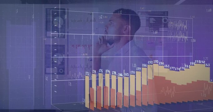 Pointing man wearing light shirt gesturing at wall charts, holding marker with 3D bars overlay