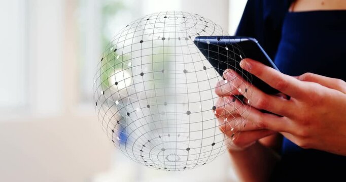 Woman looking down at smartphone starting wireframe grid drifting, mapping hands, showing data flow