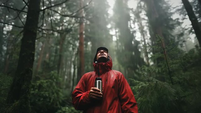 A man wearing a raincoat stands in a rainy forest, looking upward while holding a thermos