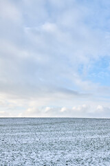 Fototapeta premium Snow, landscape and field with clouds, sky and environment for agriculture with cold weather. Winter, countryside and grass on farm, meadow and rural plain outdoor in nature with space in Iceland
