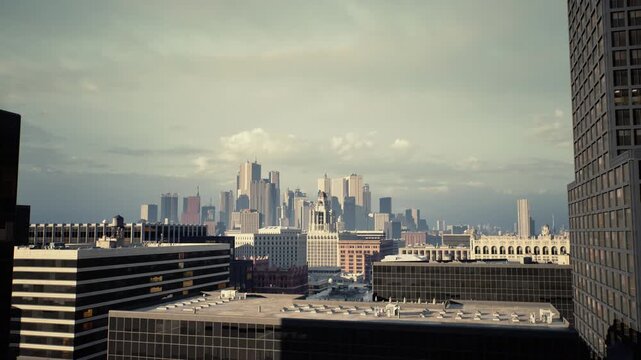 framed rooftop view of skyline, architect survey and drone inspection, rooftop photographer scouting composition, concrete towers framing distant downtown, soft