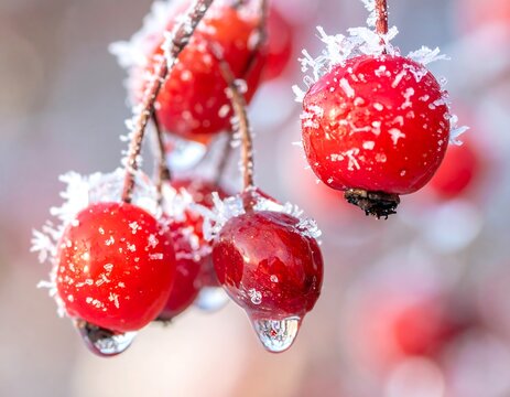 Close-up of vibrant red berries, glistening with frost and droplets of water, in a soft-focus, blurred wintery environment
