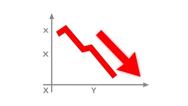 Minimalist red business decrease arrow symbol showing economic decline financial loss or negative market trend professional flat vector illustration isolated on white background
