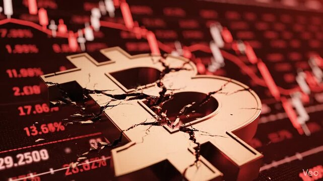 A fragmented golden Bitcoin logo shattering over a blurred financial market backdrop featuring descending red line graphs and negative stock market trend indicators during a crypto crash.