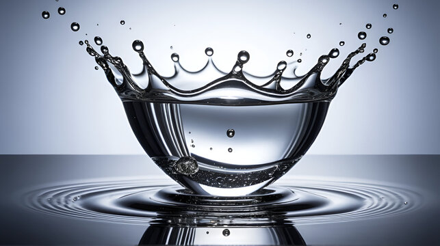 High-speed studio photography of a silver liquid mercury droplet impacting a pool of the same metal creating a perfect coronet splash