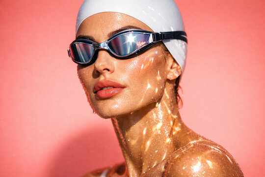 Glamorous Female Swimmer Portrait in White Swim Cap and Goggles
