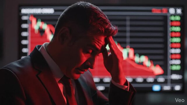 Anxious professional male executive observing a crashing red stock market graph, symbolizing global economic downturn, financial failure, and critical risk assessment in a modern workspace.