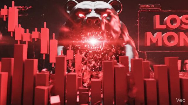 Dramatic 3D rendering of a bearish stock market crash with falling red arrow graph on dark digital display screen illustrating financial loss, economic crisis, and global recession during Black Monday