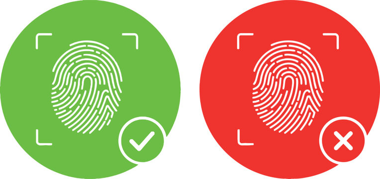Green accepted fingerprint with checkmark and red rejected fingerprint with X, biometric security authentication
