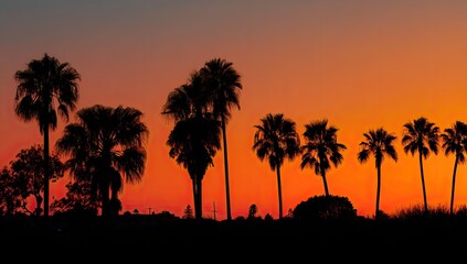 Obraz premium Silhouette of Palm Trees Against a Vibrant Sunset Sky.