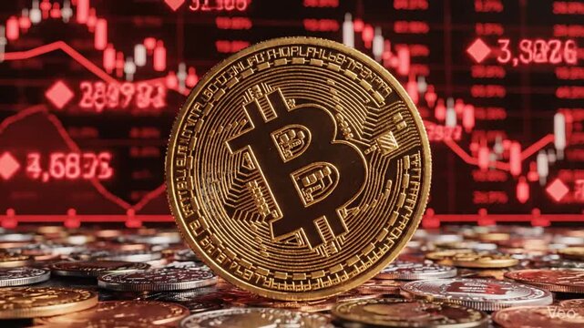 Golden Bitcoin physical coin over global currency money with negative downward red trend chart representing financial crash and bearish cryptocurrency stock market trading exchange concept.
