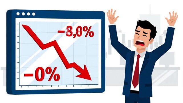 Stressed investor gesturing despair near declining financial chart representing market crash and economic failure. Unsuccessful man observing stock exchange downturn and monetary loss vector.