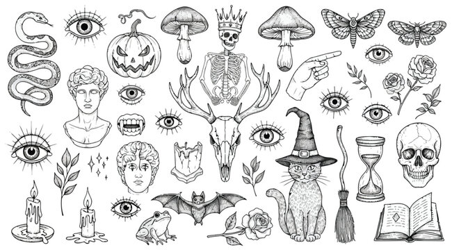Halloween themed illustrations including witch hat, pumpkin, skeleton, eye, bat, and mushroom on white background