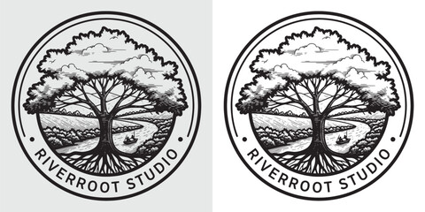 Riverroot Studio Emblem with Large Oak Tree River and Rowing Boat © Hamdani