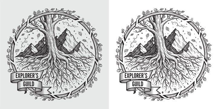 Vintage Explorer Guild Emblem with Great Oak Tree and Mountains