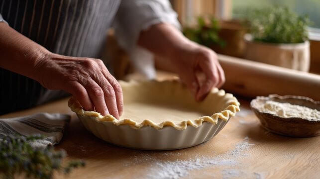 Hands of a woman shaping pie crust in a white ceramic dish on a wooden kitchen table with flour and herbs in the background, rolling pin nearby