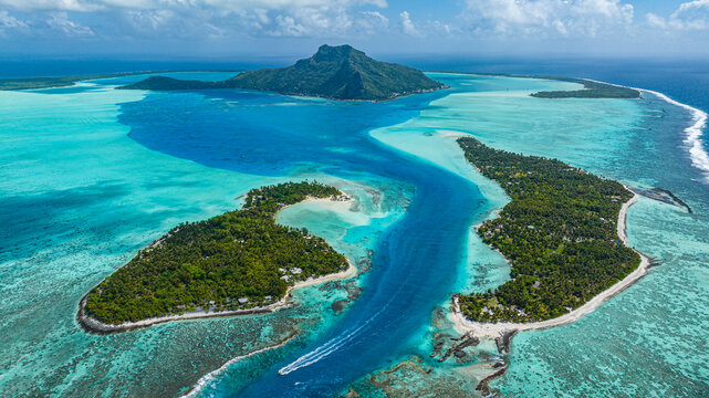 Aerial view of lagoon and islands at Maupiti, Society Islands, French Polynesia