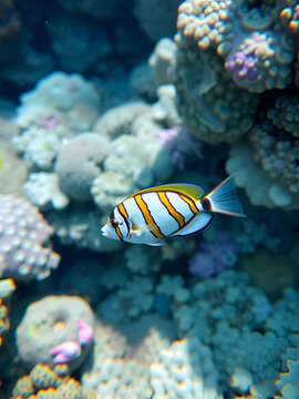 Colorful Pinfish Swimming in Clear Ocean Water with Coral Reef Background in a Marine Environment