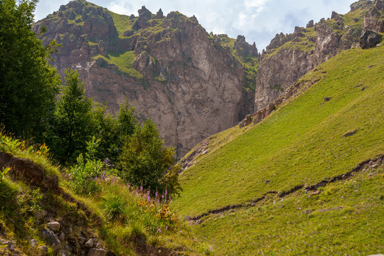 Rocky mountain cliffs and green hillside in summer landscape. Natural highland landscape with rugged textures, grassy slopes, and a peaceful outdoor atmosphere