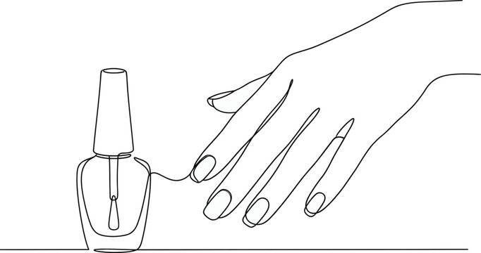 Continuous one line of a nail polish bottle and painted nails, representing manicure and style, drawn illustration.