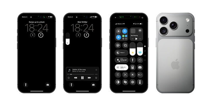 Photorealistic detailed Apple Iphone 17 Pro Max Silver basic IU mockup isolated. iOS 26, liquid grass 2026 full template design. Vector editorial illustration