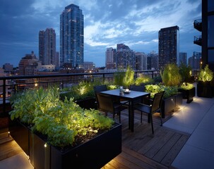 Fototapeta premium Modern Rooftop Terrace with City Skyline at Dusk.