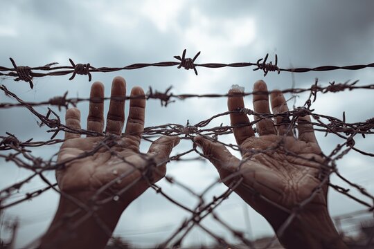 Hands reaching through barbed wire fence symbolizing confinement and struggle.
