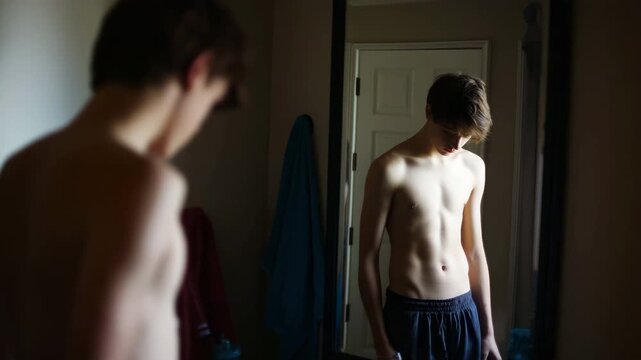 Teen boy checking body in mirror.