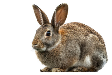 Obraz premium Rabbit sitting on a light background with its ears up and eyes open in a curious position