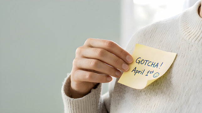 Conceptual April Fools humor showing removal of prank sticky note minimalist image