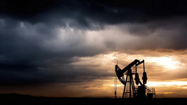 Oil Rig Silhouette Under Dramatic Sky: An imposing oil rig stands in stark silhouette against a breathtaking canvas of a stormy sky, hinting at the powerful forces beneath and the energy industry.