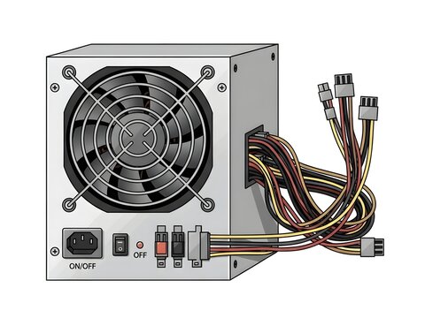 Computer power supply unit psu with colorful cables and cooling fan
