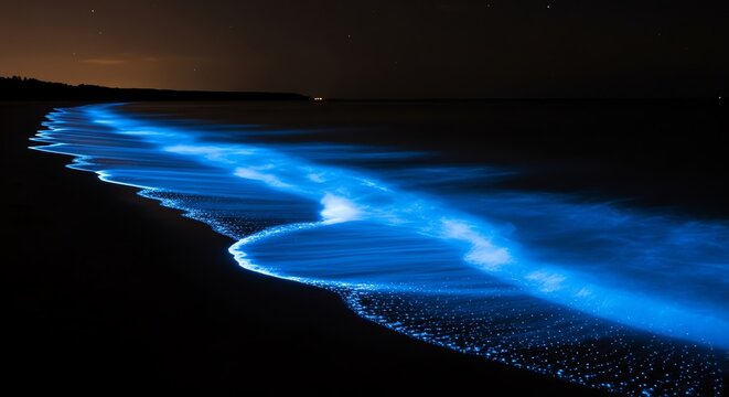 Bioluminescent Waves Glowing Blue on a Dark Beach at Night 2.