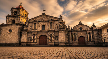 Obraz premium Historic stone church facade in Ilocos under a dramatic sunset sky