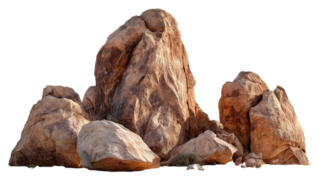 Large rock formation in a desert setting with various boulders scattered around the area during daylight