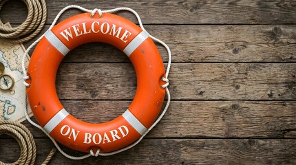 Welcome on board, a nautical theme with a compass and rope on a wooden background. © PaulStd
