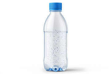 Naklejka premium A clear plastic water bottle with a blue cap and small particles floating inside